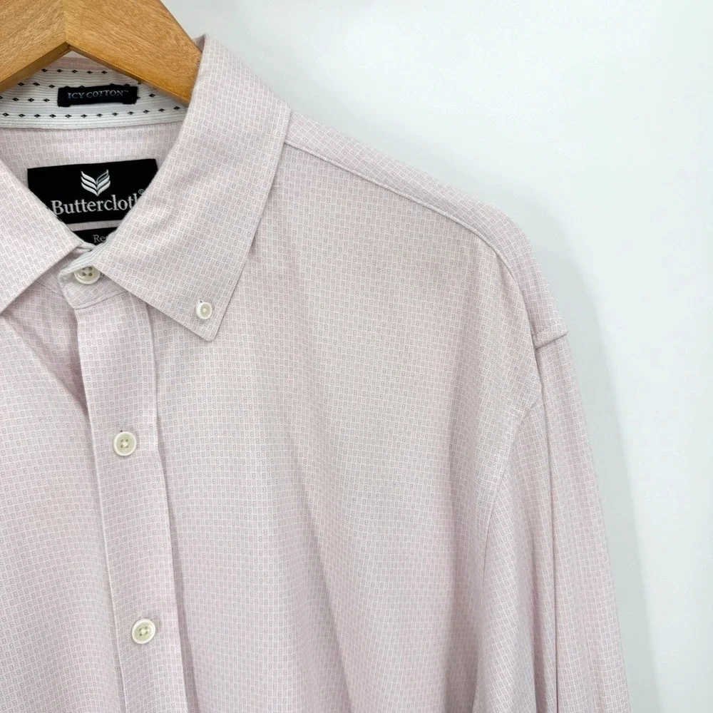 Buttercloth Mens XL Button‎ Down Shirt Pink Icy Cotton Regular Fit Long Sleeve
